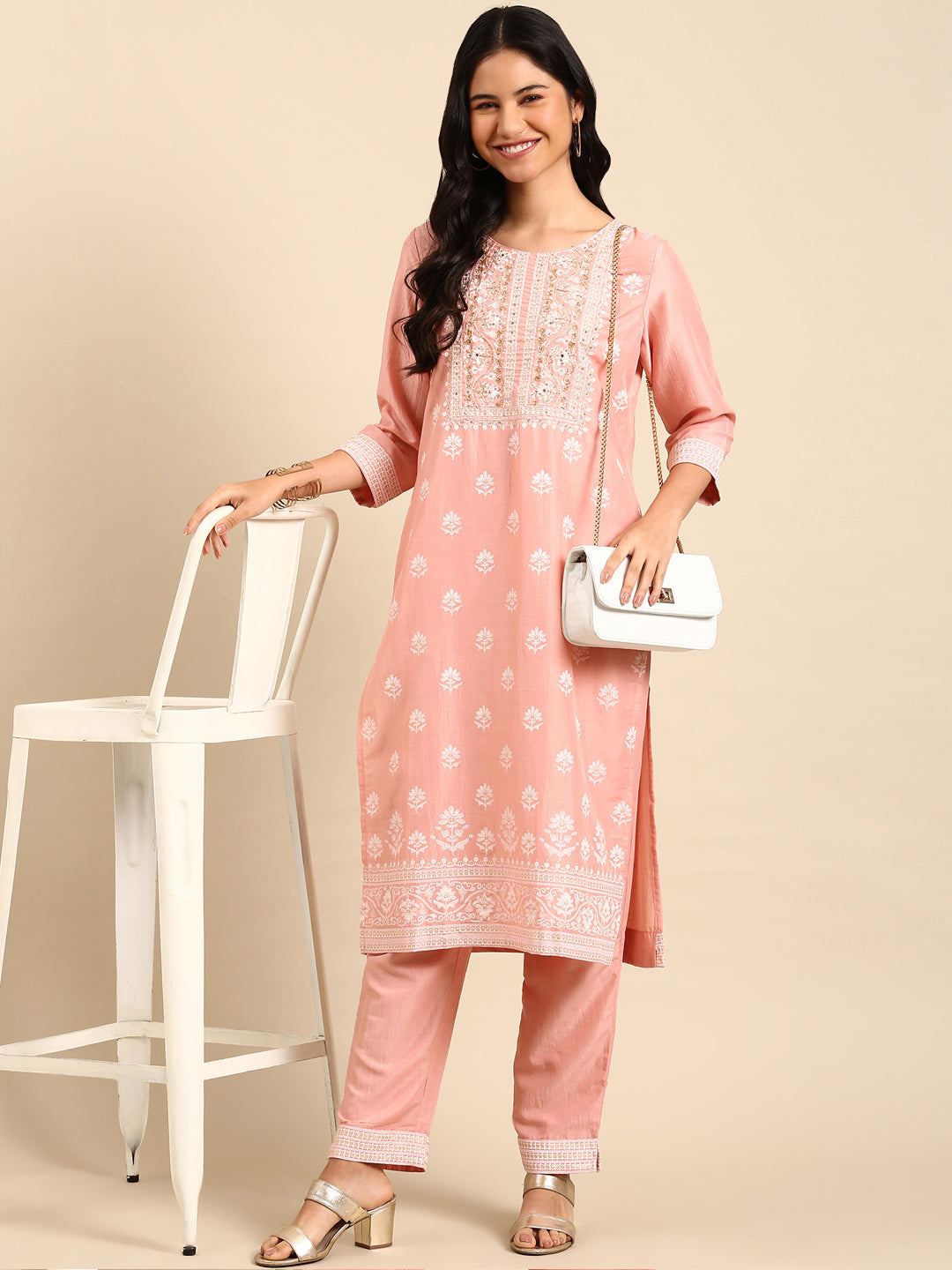 Women's Peach Printed Kurta Set