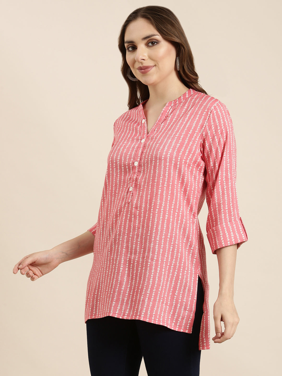 Women Bandhani Peach Straight Kurti