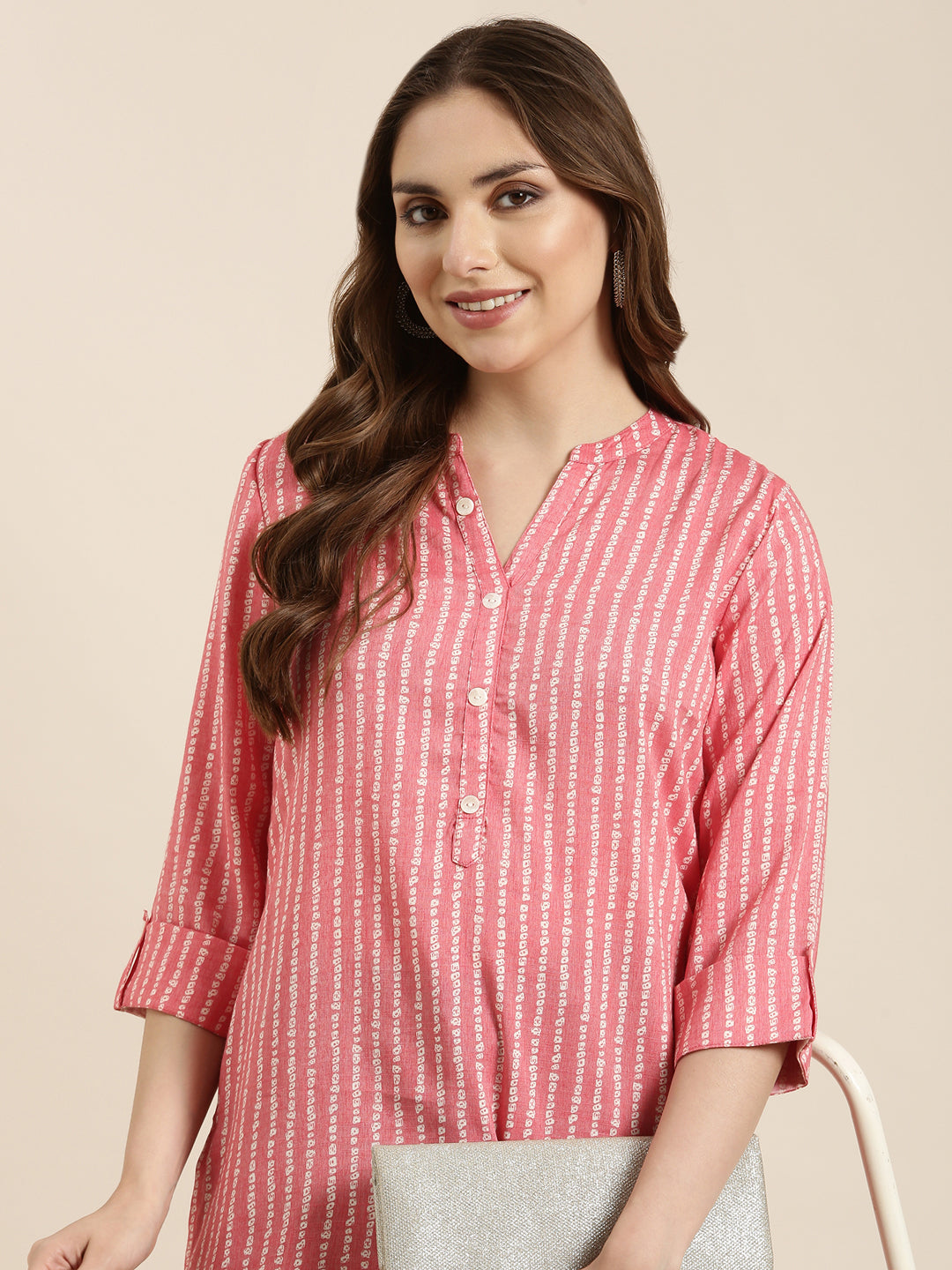 Women Bandhani Peach Straight Kurti