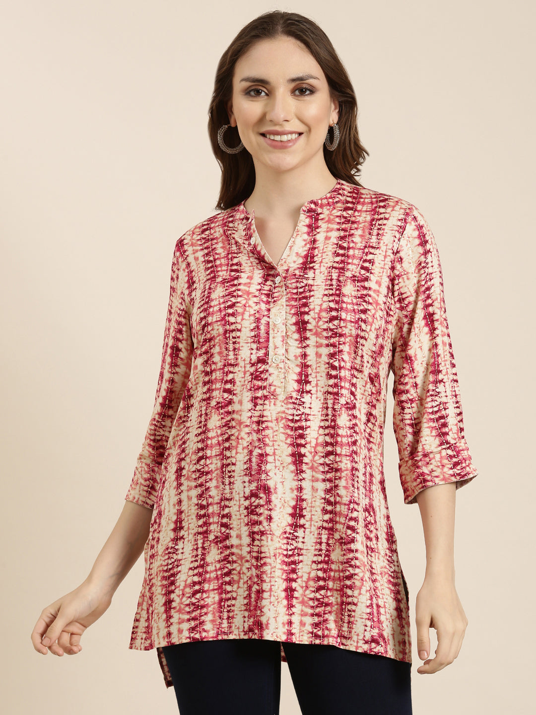 Women's Abstract Pink Straight Kurti