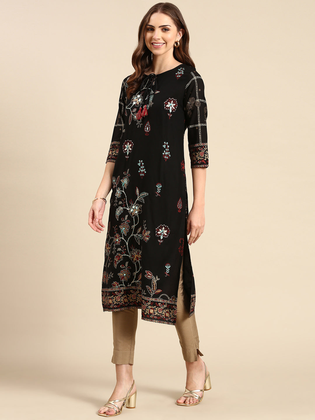 Women's Black Printed Straight Kurta