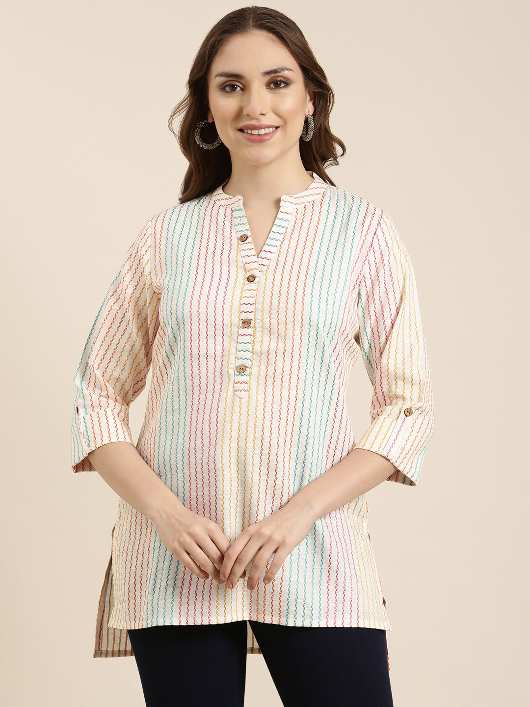 Women Striped Off White Straight Kurti