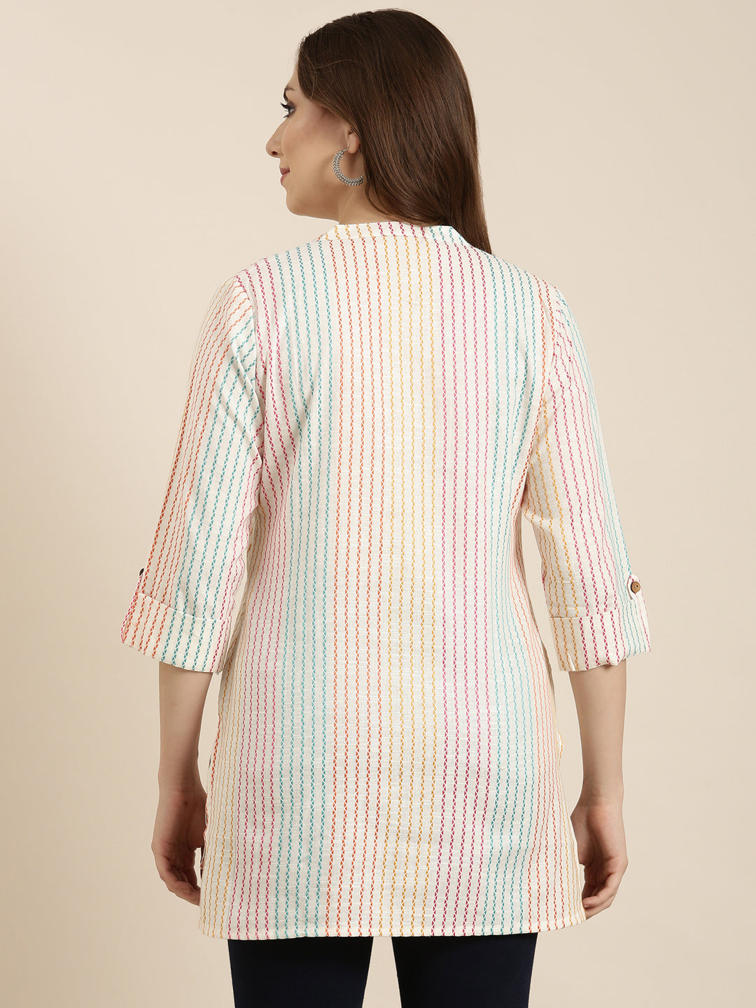 Women Striped Off White Straight Kurti