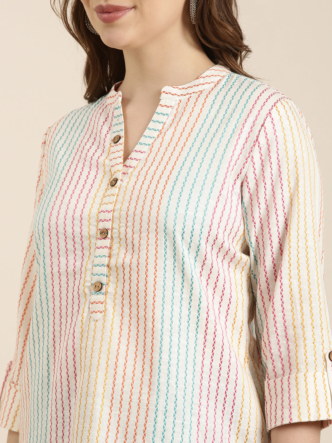 Women Striped Off White Straight Kurti