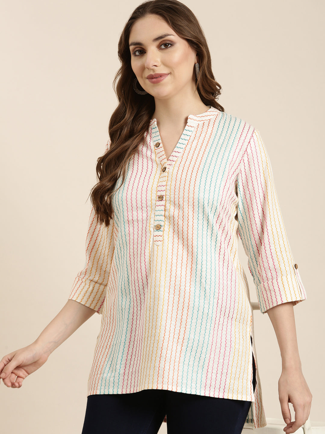 Women Striped Off White Straight Kurti