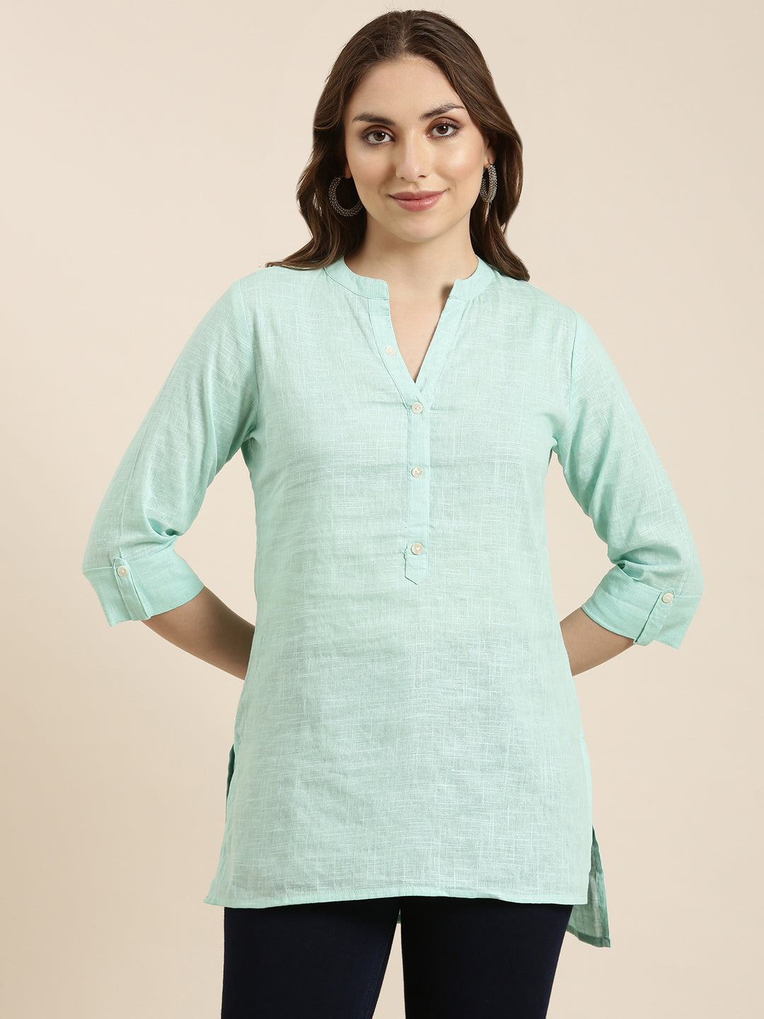 Women Solid Sea Green Straight Kurti