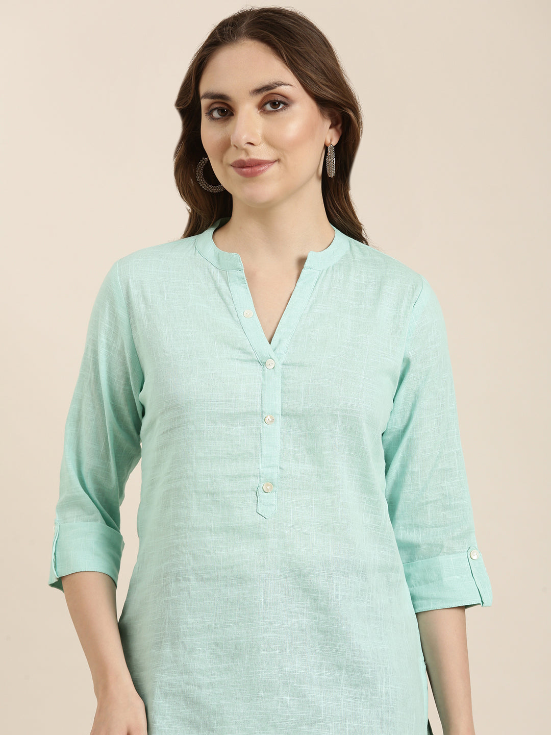 Women Solid Sea Green Straight Kurti