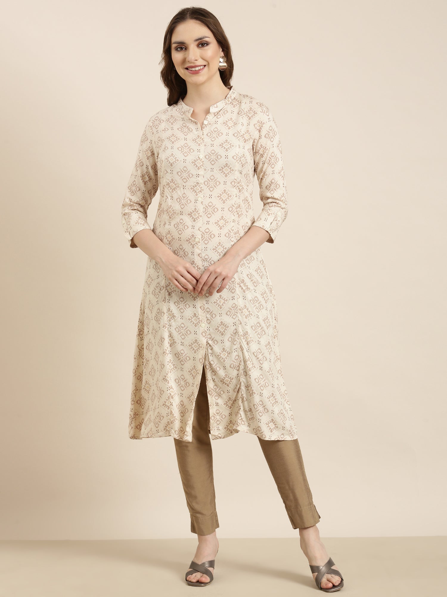 Women A-Line Beige Geometric Kurta