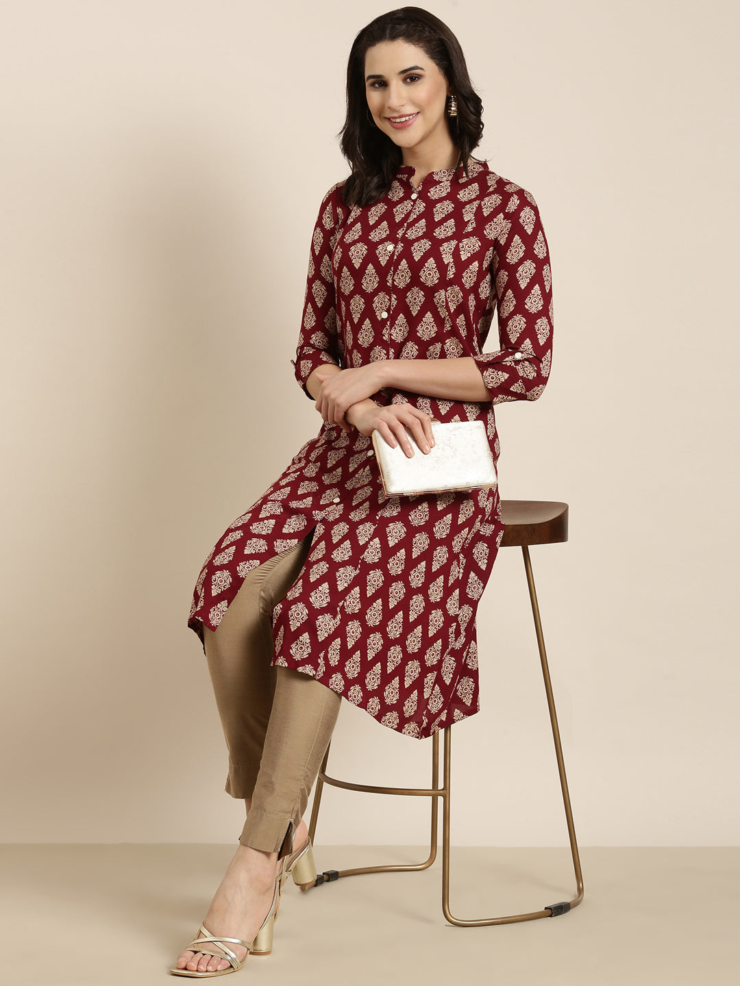 Women Straight Maroon Ethnic Motifs Kurta