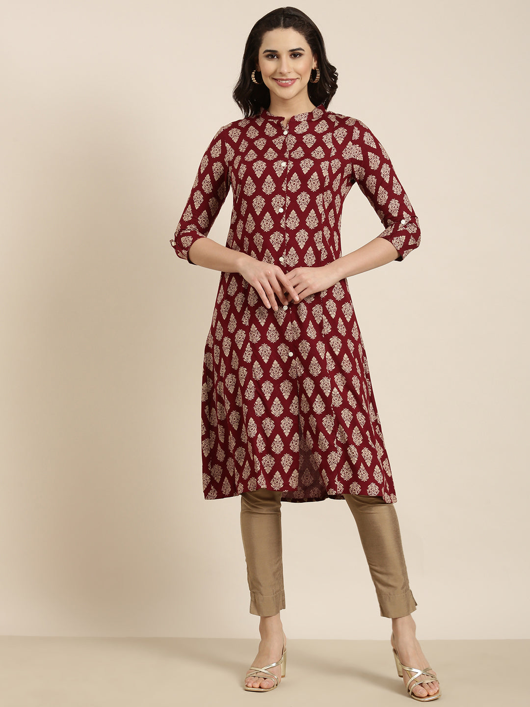 Women Straight Maroon Ethnic Motifs Kurta