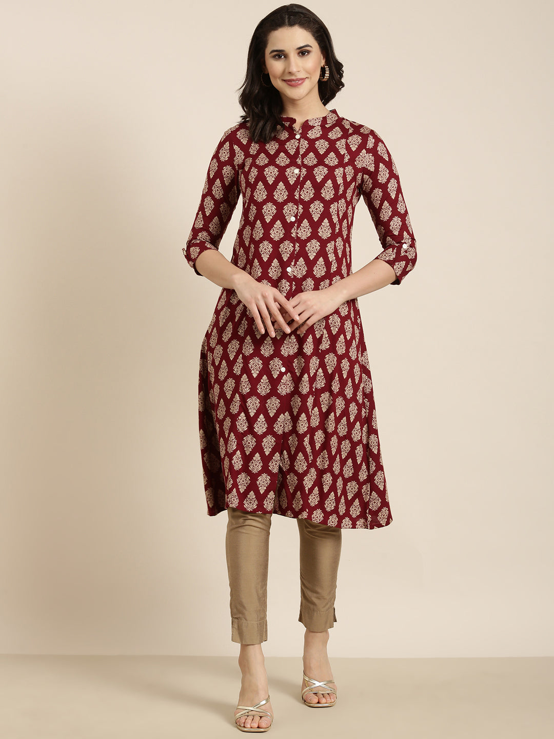 Women Straight Maroon Ethnic Motifs Kurta