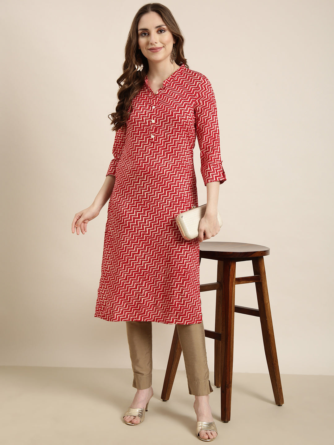 Women Straight Red Chevron Kurta