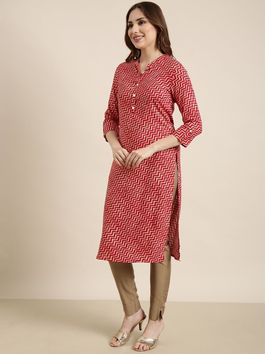 Women Straight Red Chevron Kurta