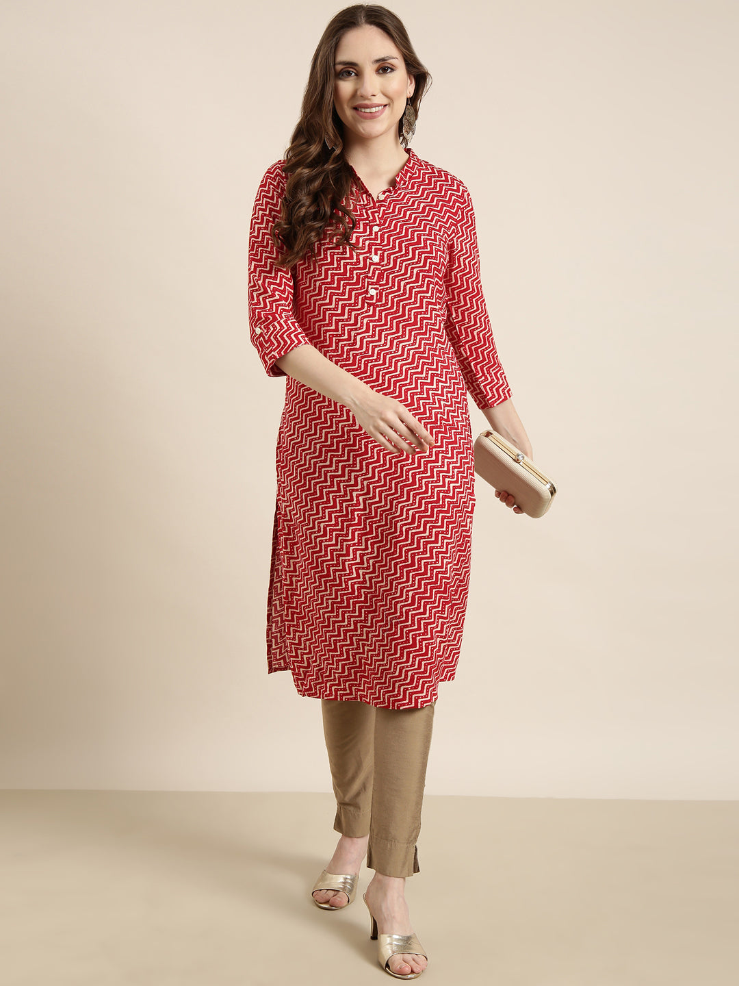 Women Straight Red Chevron Kurta