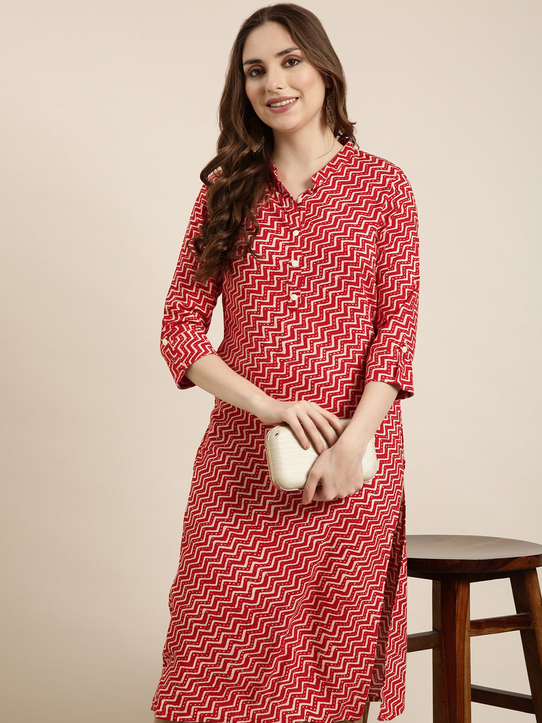 Women Straight Red Chevron Kurta