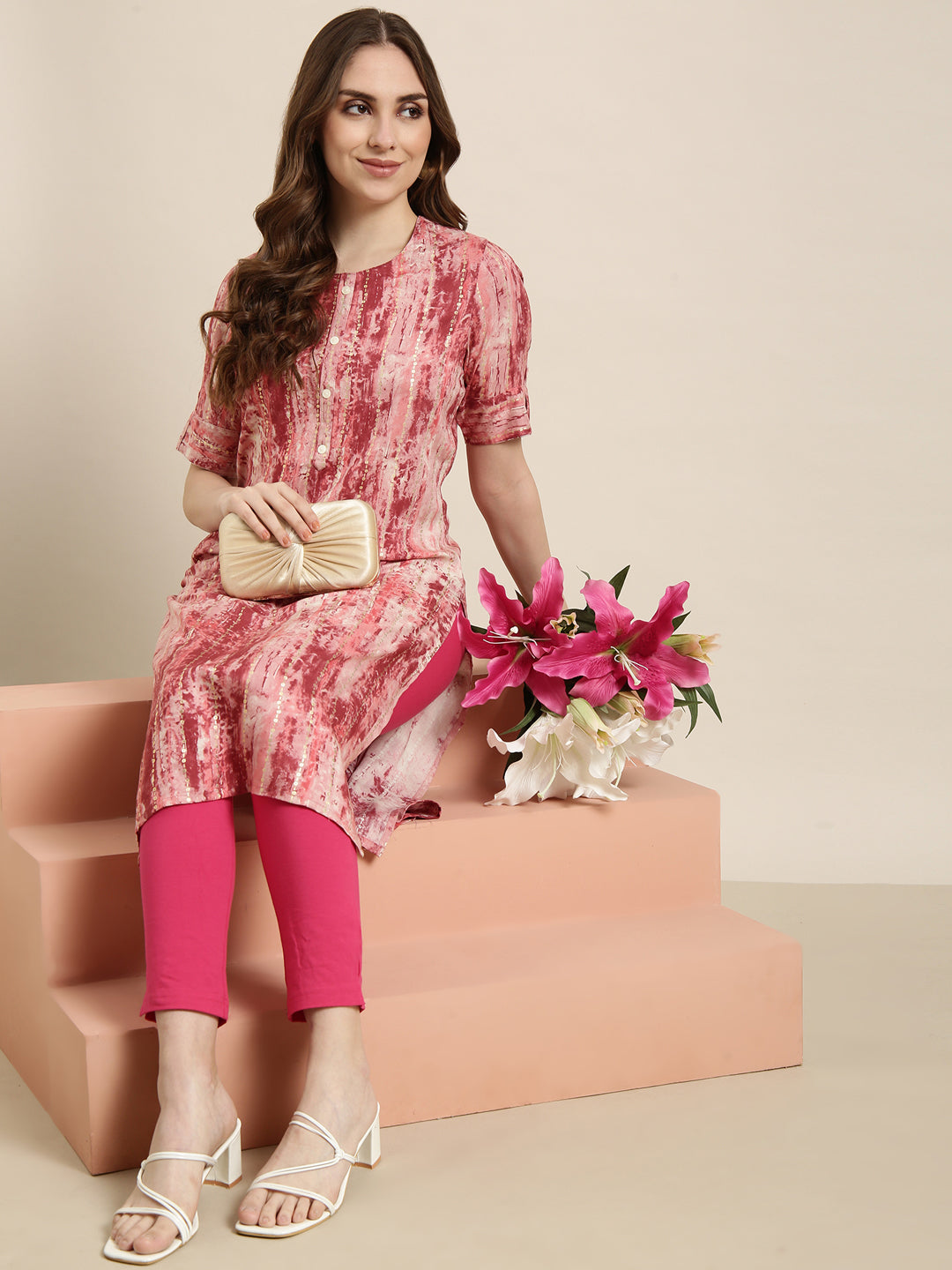 Women Straight Pink Abstract Kurta