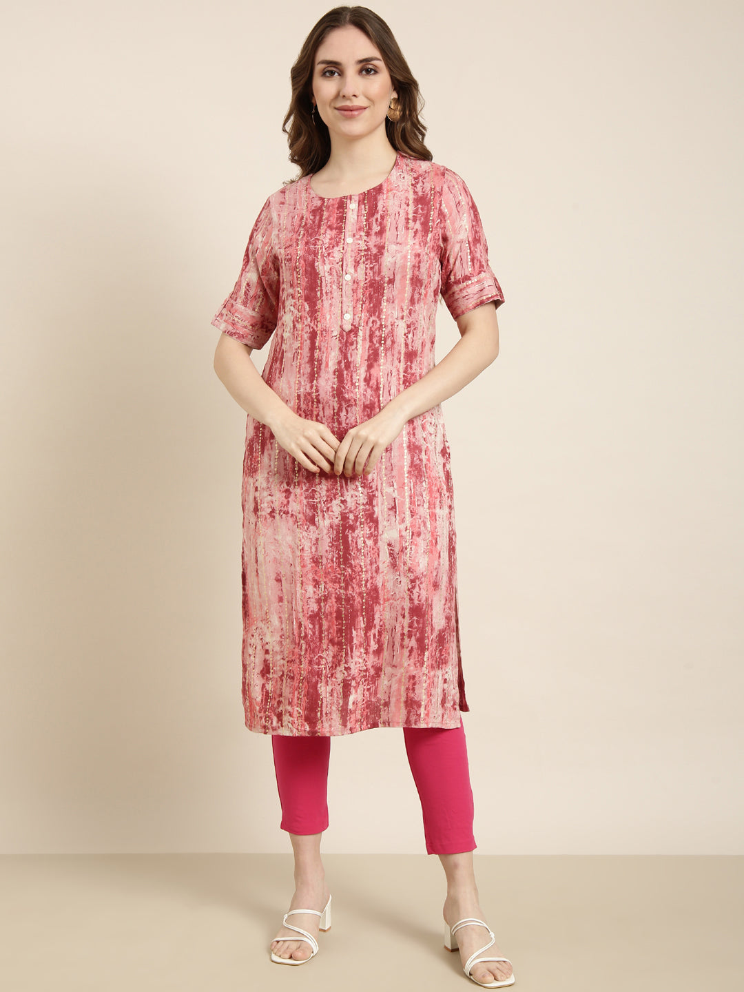 Women Straight Pink Abstract Kurta