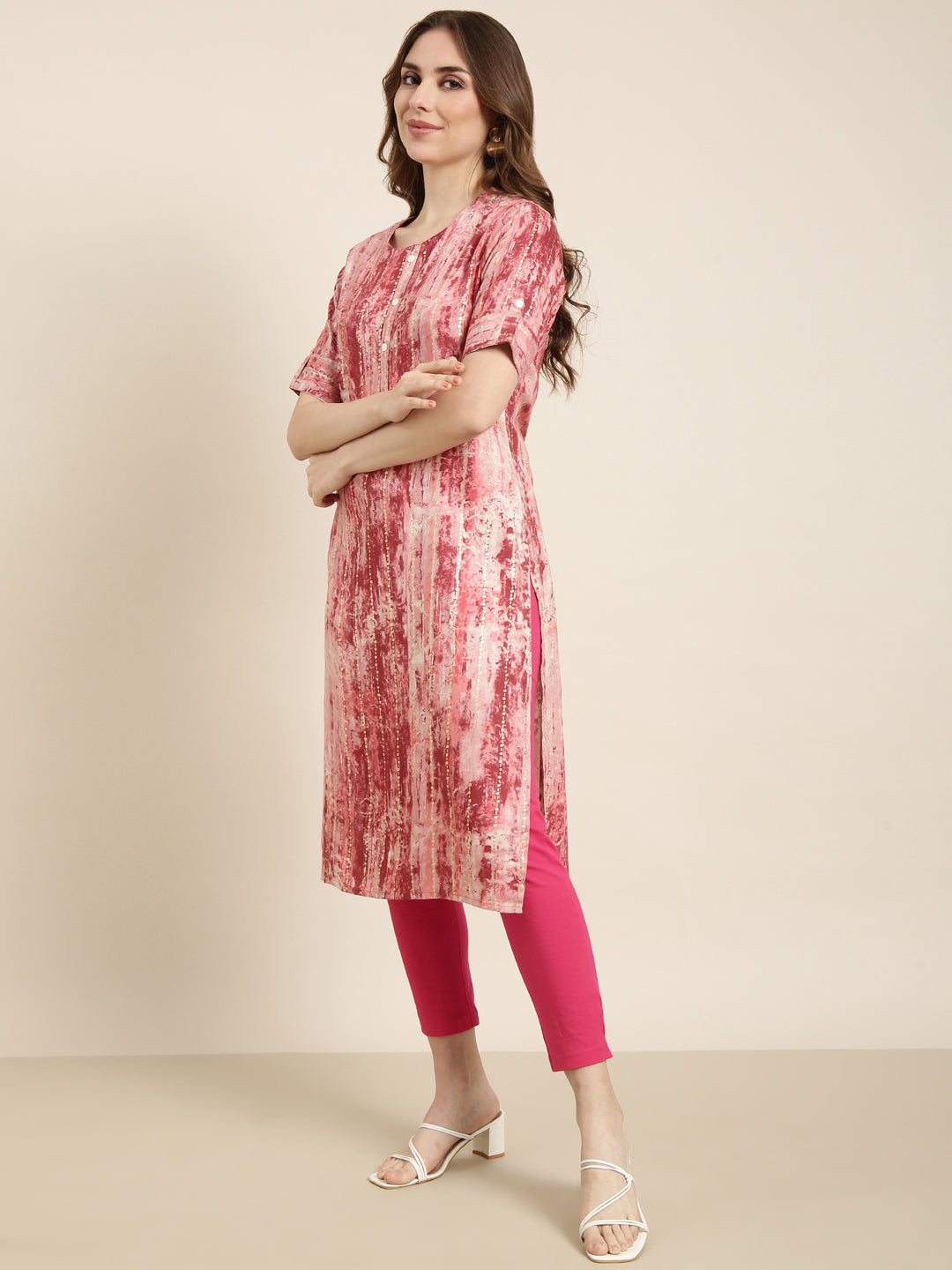 Women Straight Pink Abstract Kurta