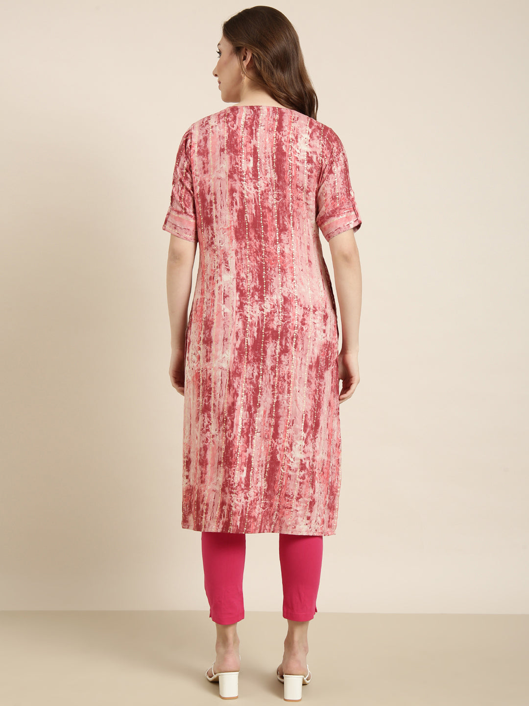 Women Straight Pink Abstract Kurta