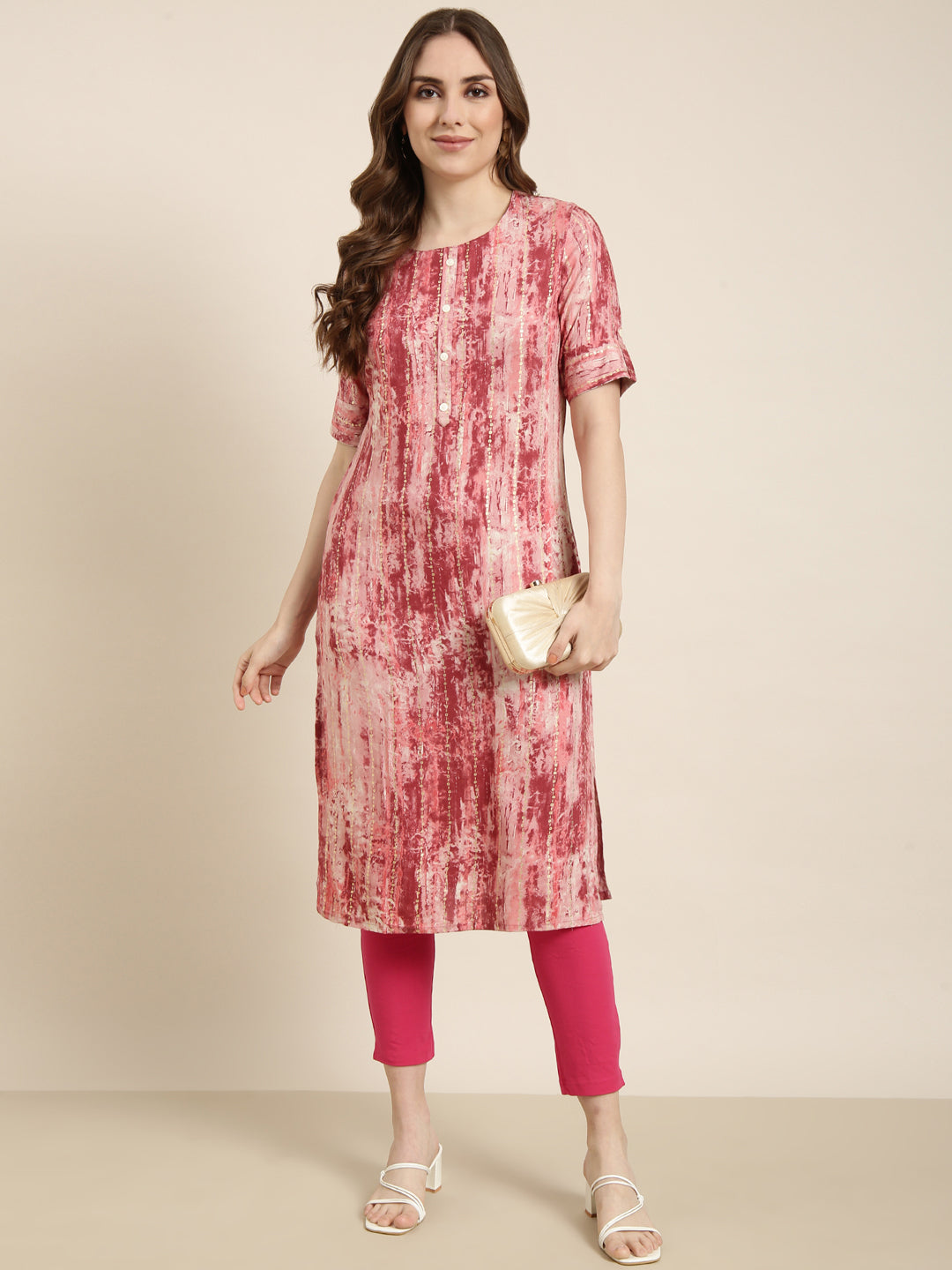 Women Straight Pink Abstract Kurta