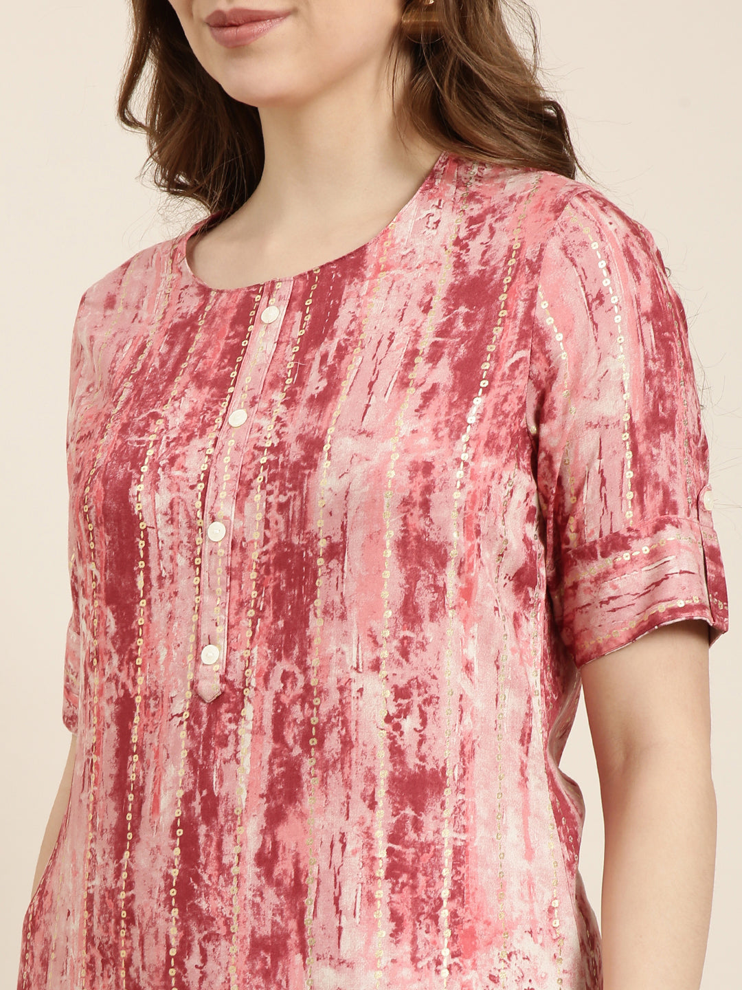 Women Straight Pink Abstract Kurta