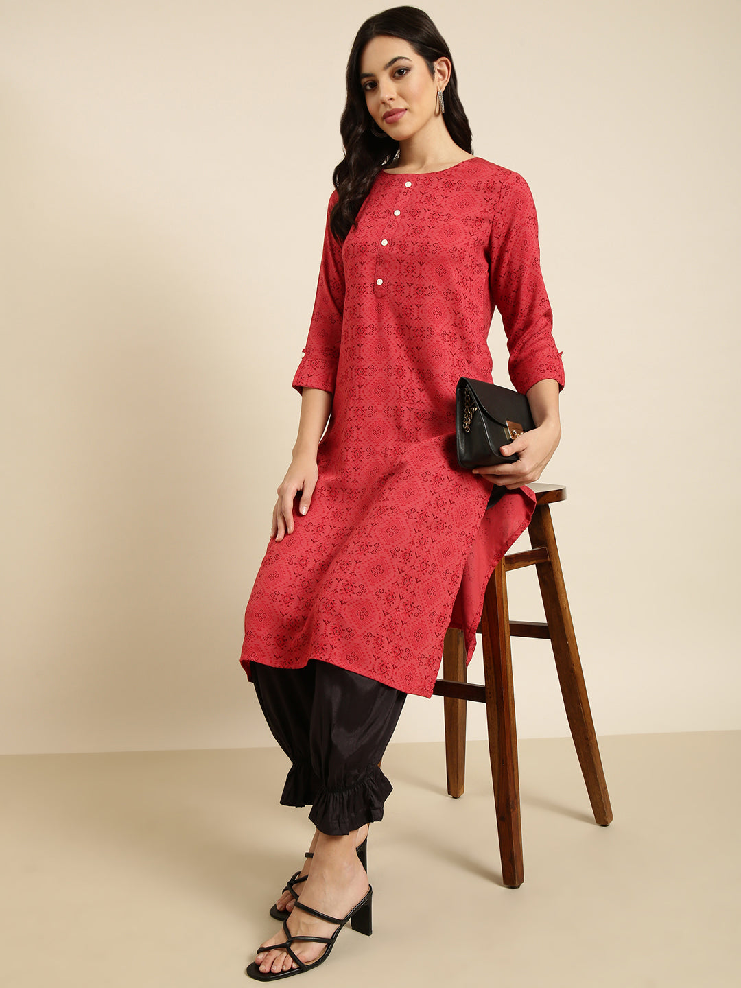 Women Straight Red Geometric Kurta