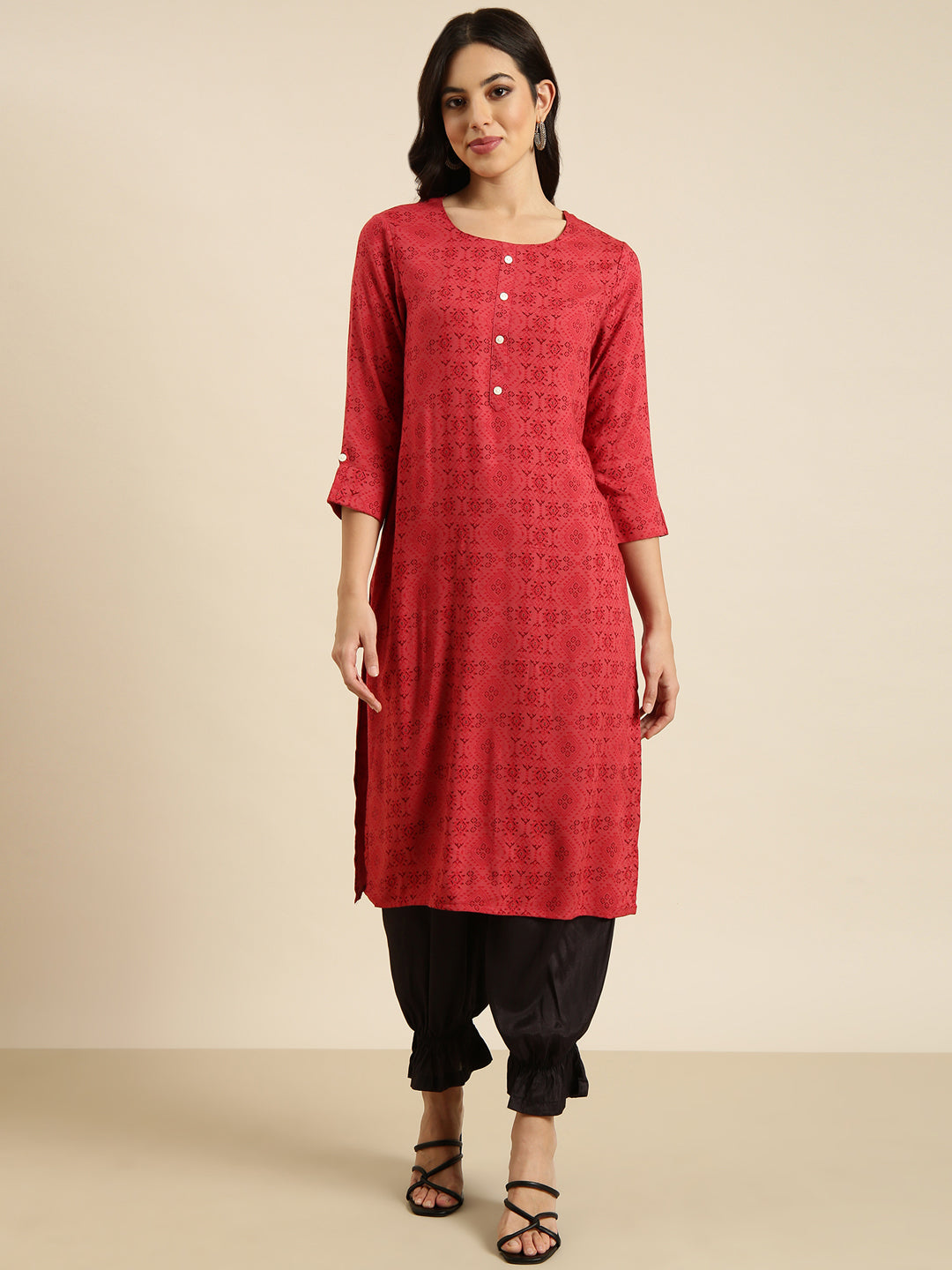 Women Straight Red Geometric Kurta