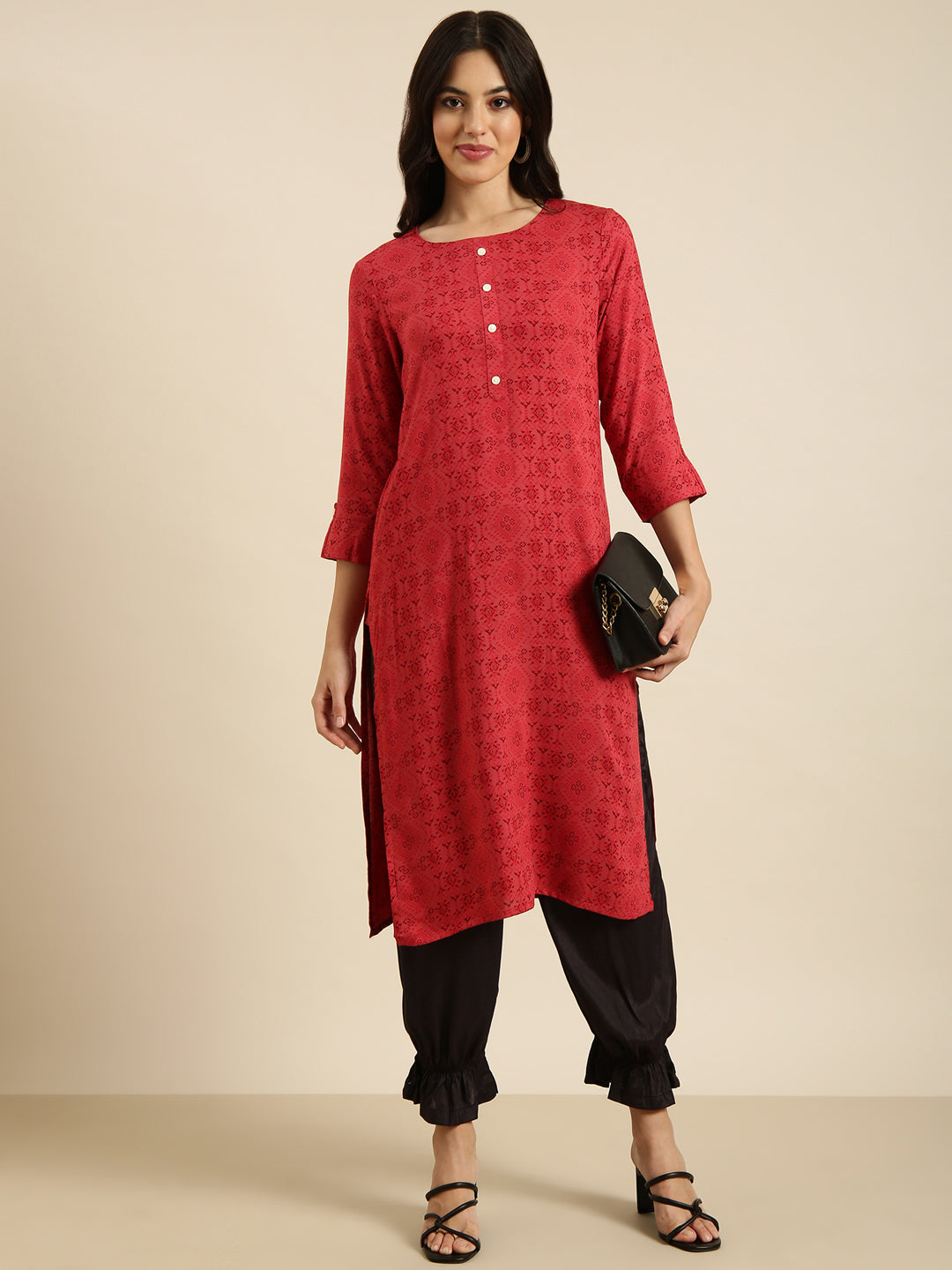 Women Straight Red Geometric Kurta