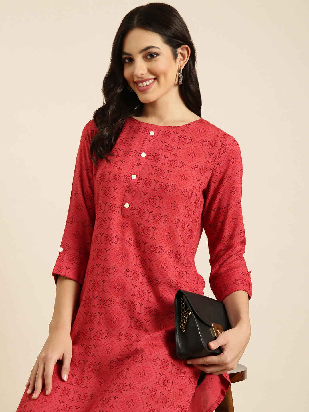 Women Straight Red Geometric Kurta