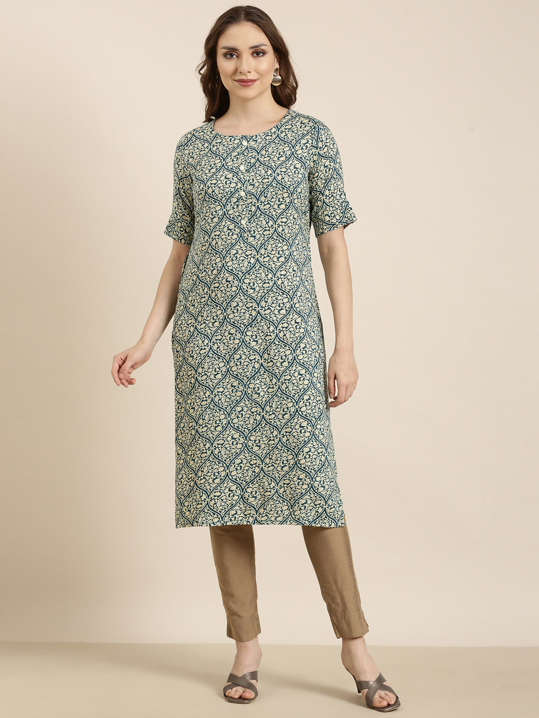 Women Straight Teal Ethnic Motifs Kurta