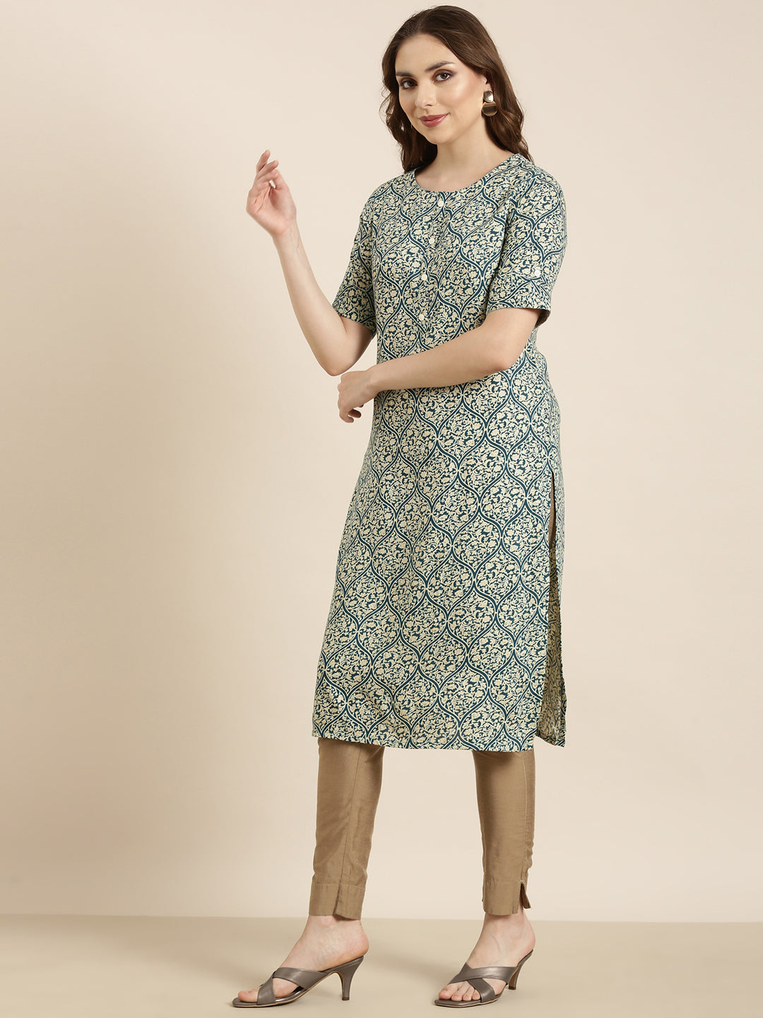 Women Straight Teal Ethnic Motifs Kurta