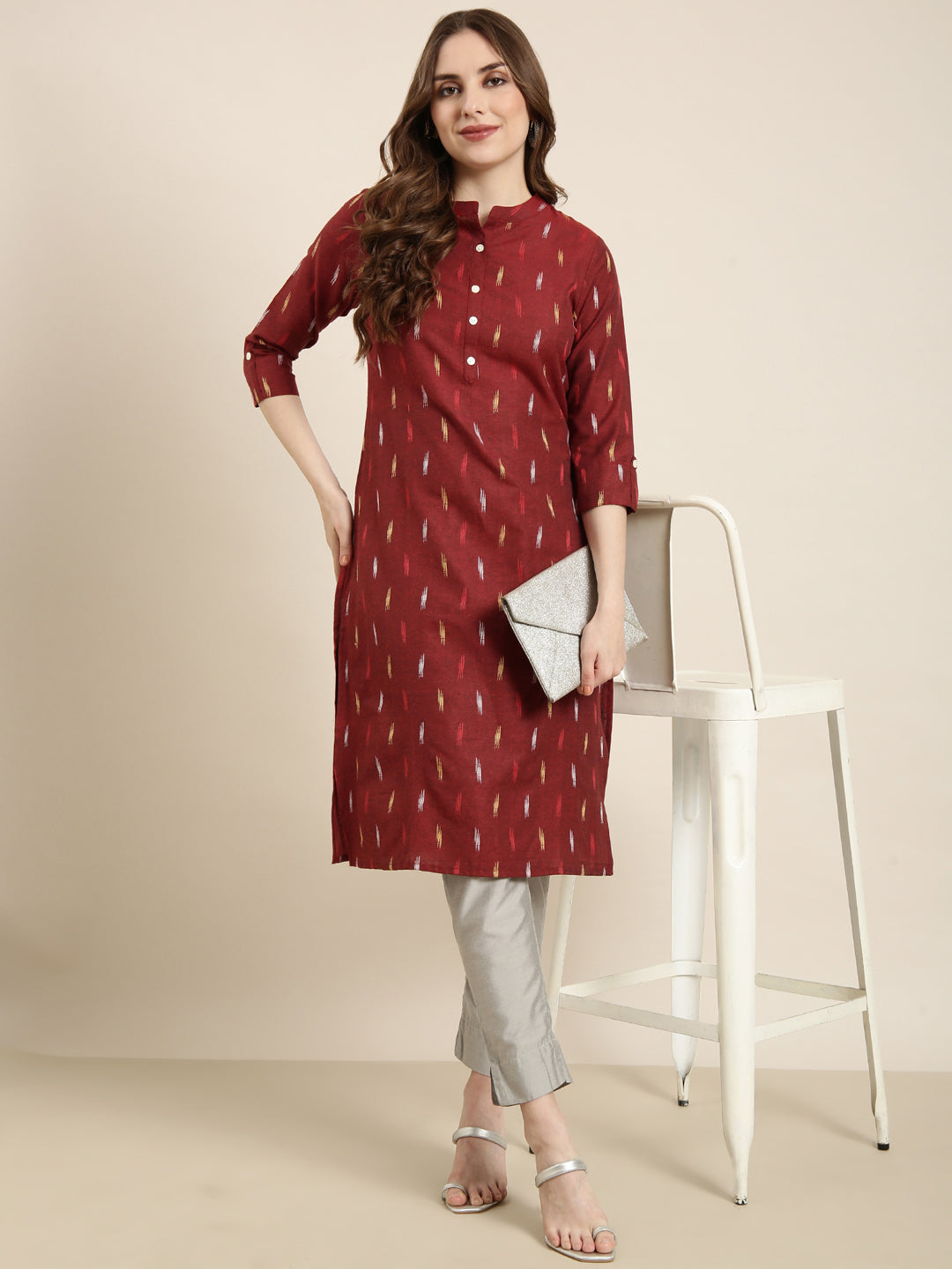 Women Straight Maroon Geometric Kurta