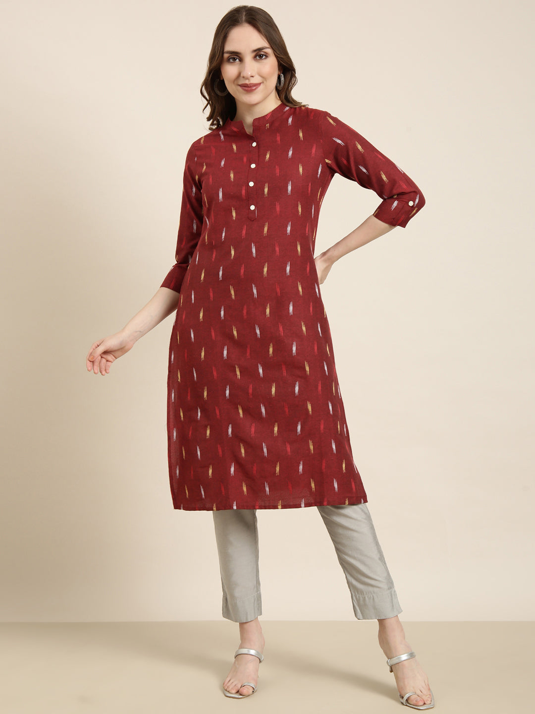 Women Straight Maroon Geometric Kurta