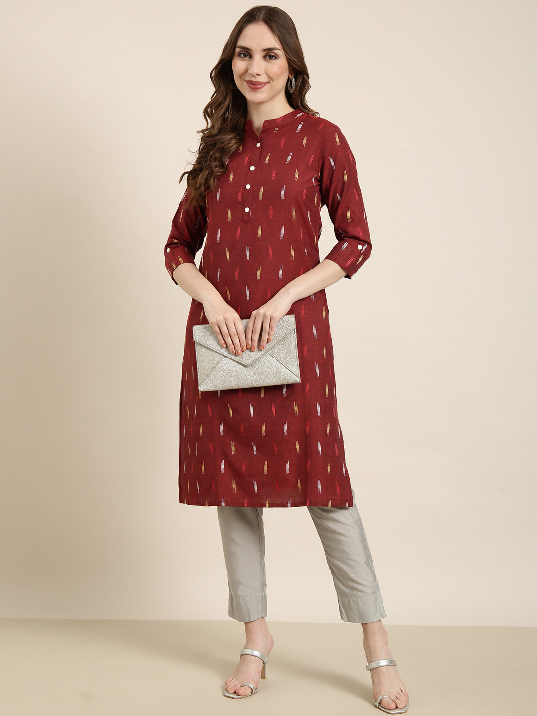 Women Straight Maroon Geometric Kurta