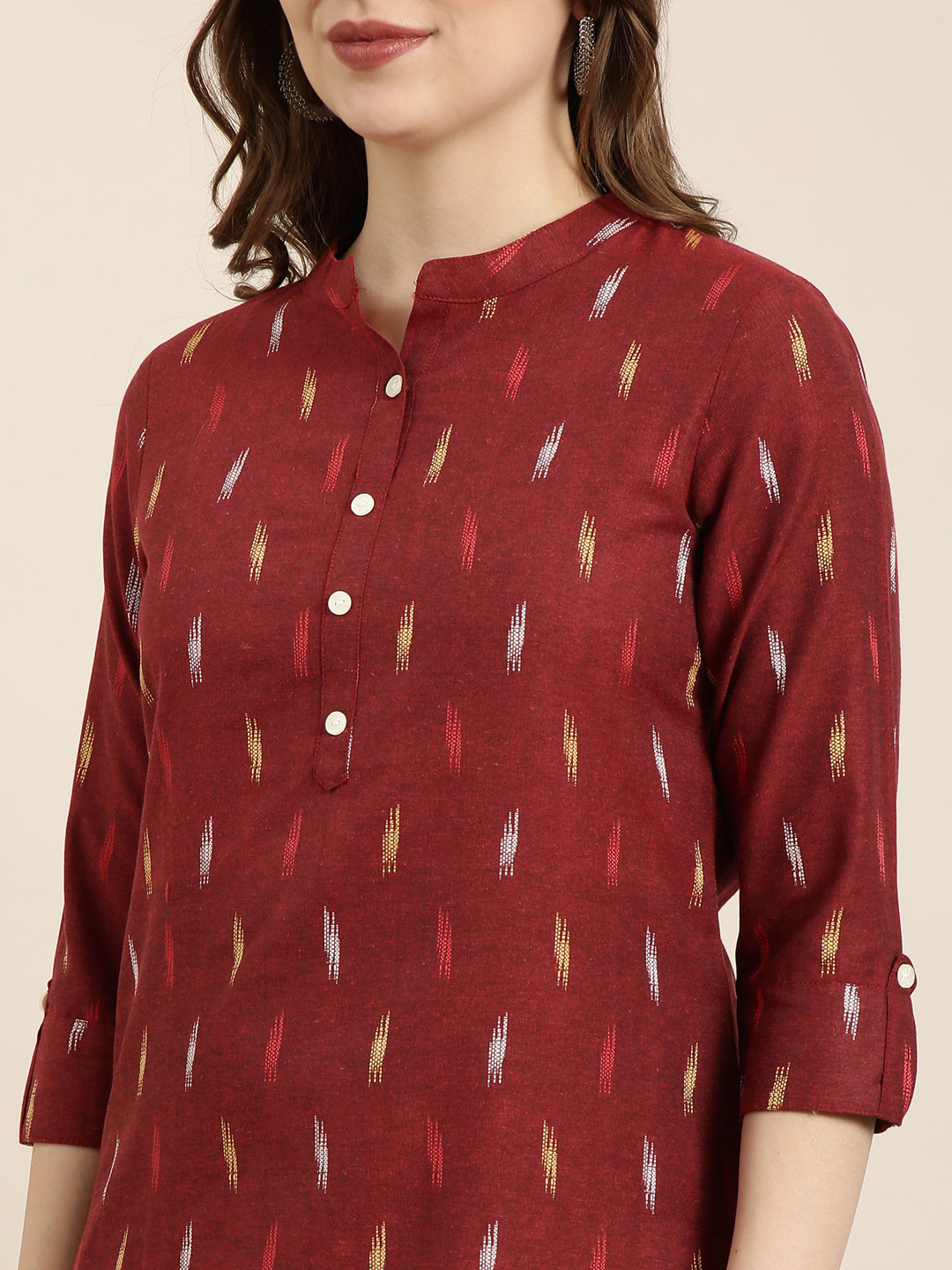 Women Straight Maroon Geometric Kurta