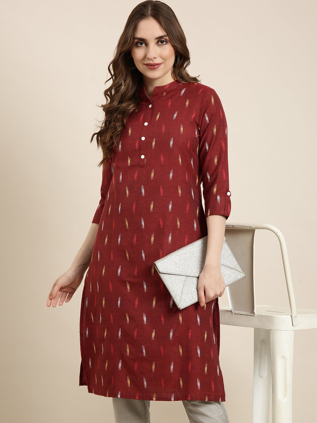 Women Straight Maroon Geometric Kurta