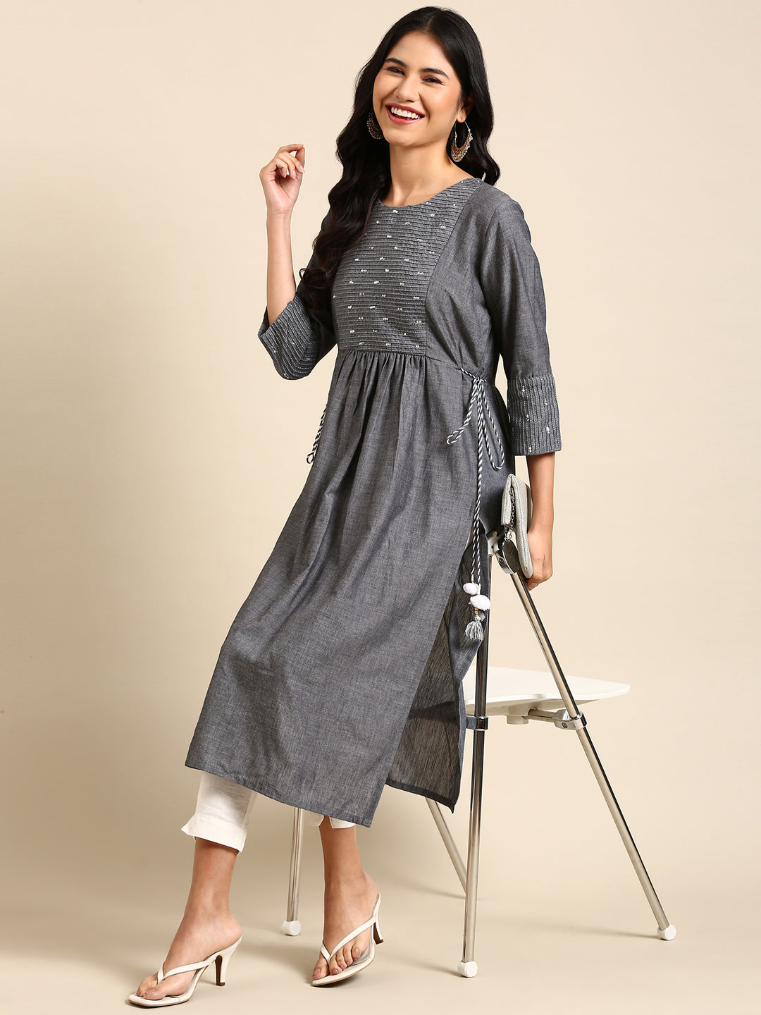 Women's Grey Printed Anarkali Kurta