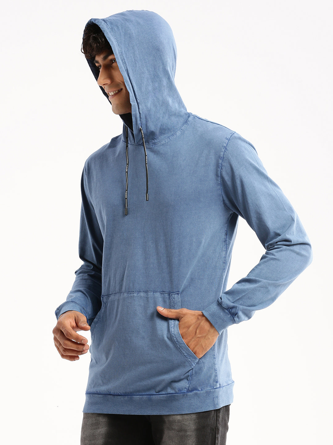 Men Blue Hooded Solid Pullover