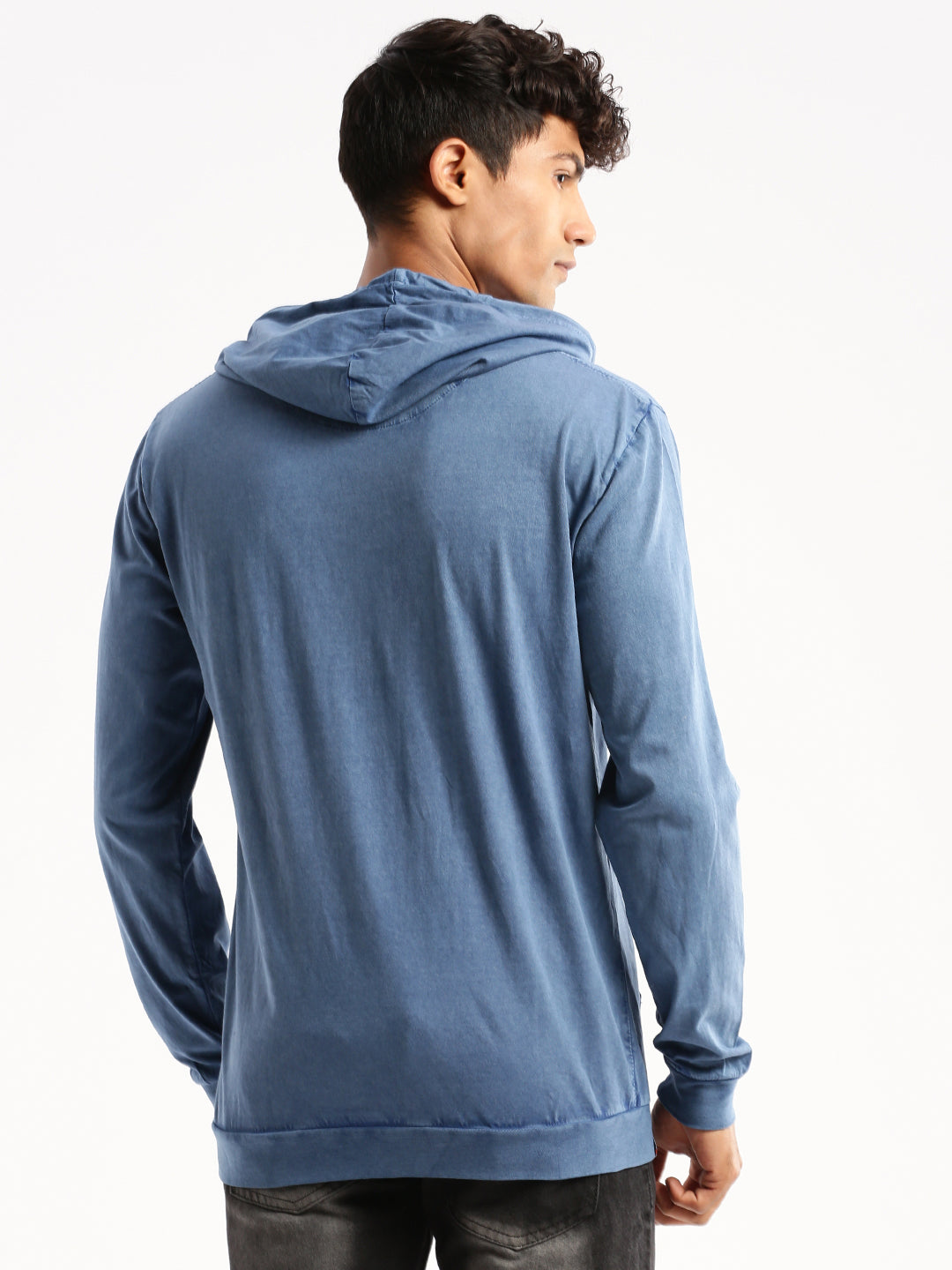 Men Blue Hooded Solid Pullover