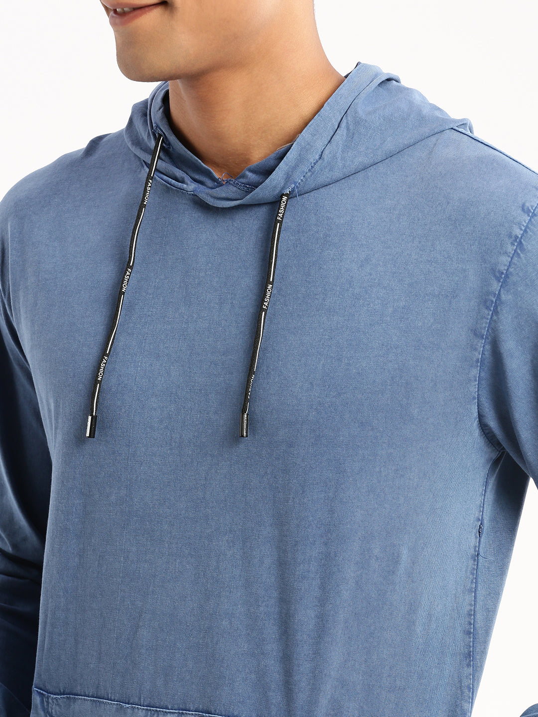 Men Blue Hooded Solid Pullover