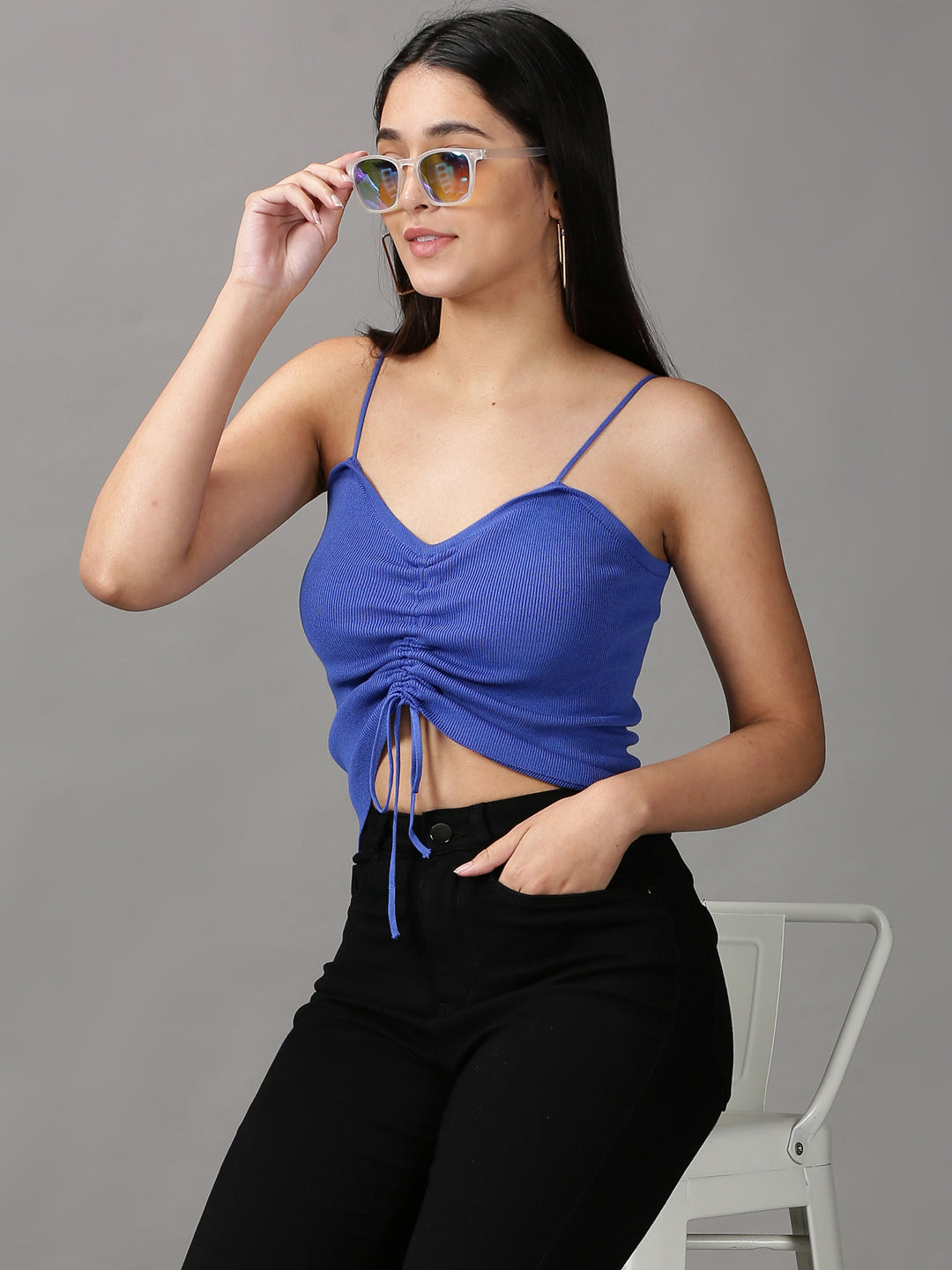 Women's Blue Solid Fitted Crop Top