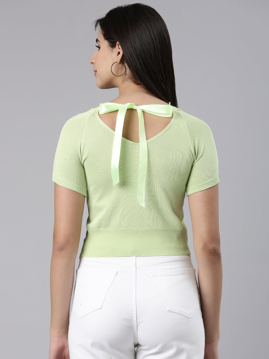 V-Neck Solid Green Crop Top