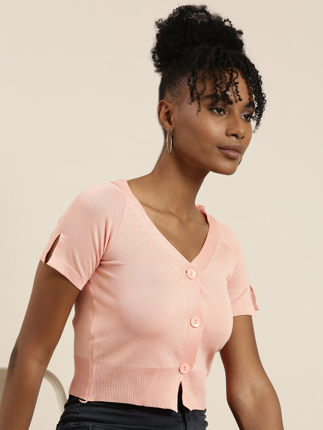 Women V-Neck Solid Peach Crop Top