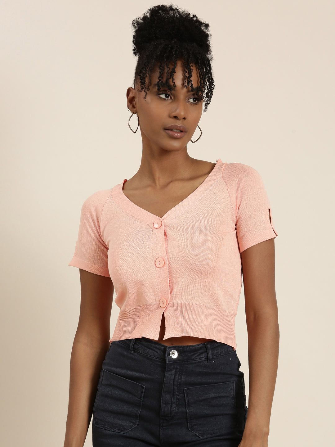 Women V-Neck Solid Peach Crop Top