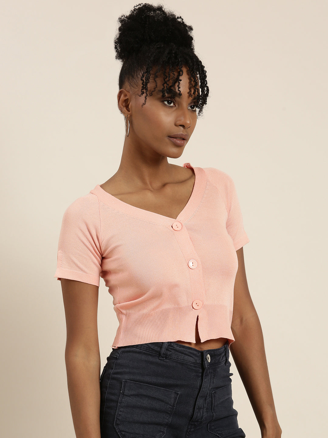 V-Neck Solid Peach Crop Top