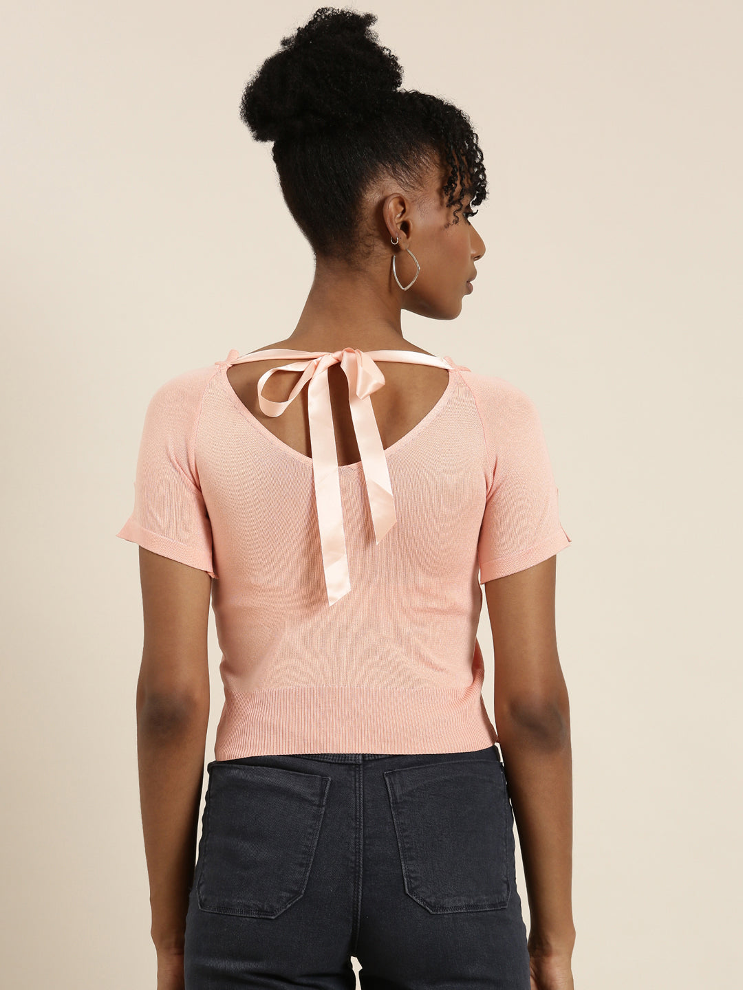 V-Neck Solid Peach Crop Top