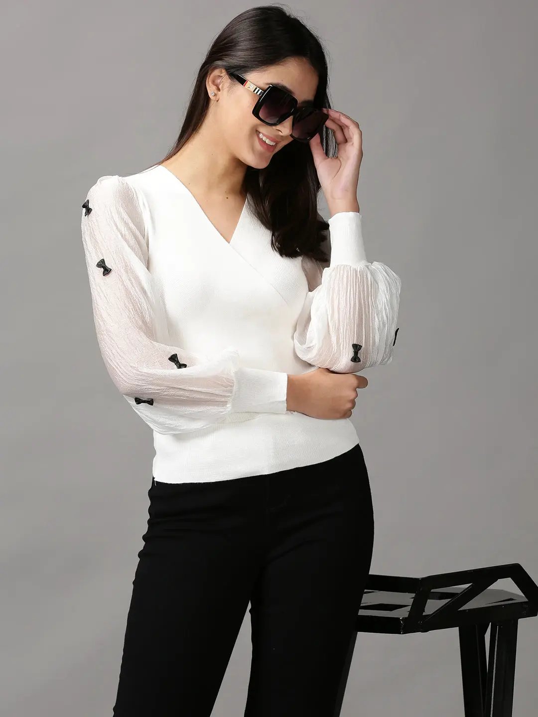 Women's White Solid Wrap Top