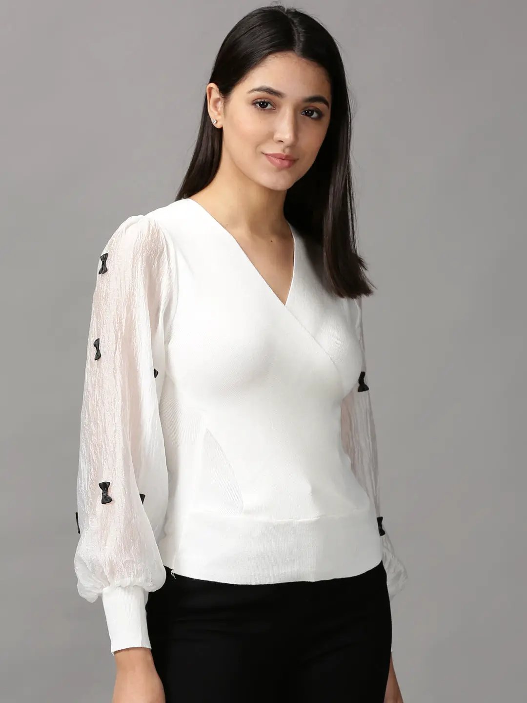 Women's White Solid Wrap Top
