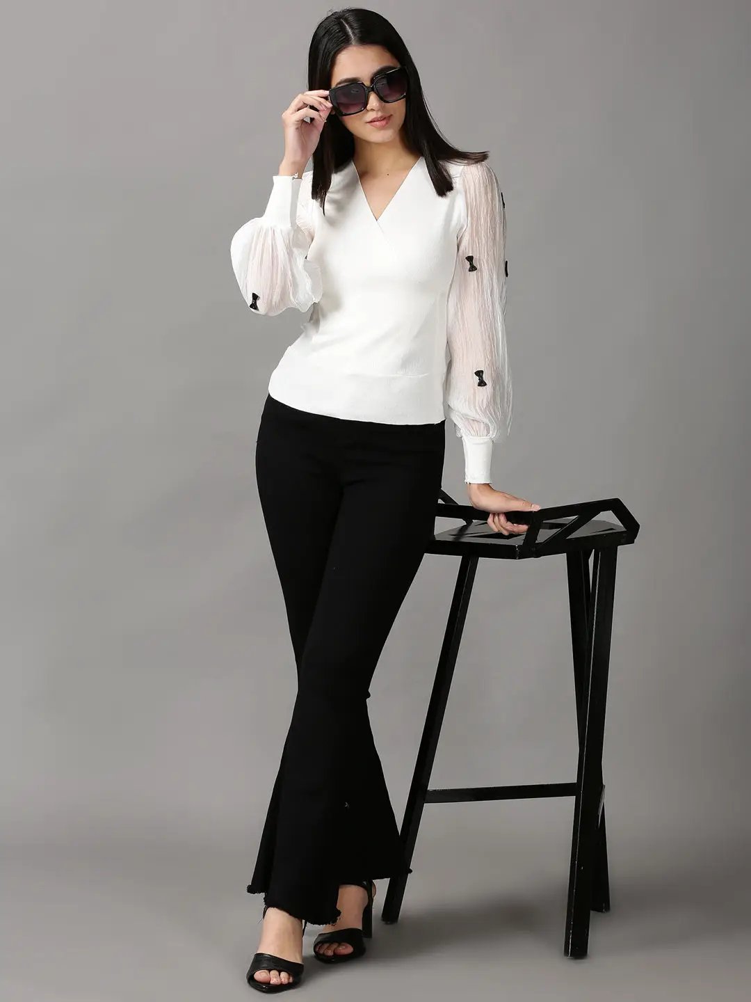 Women's White Solid Wrap Top