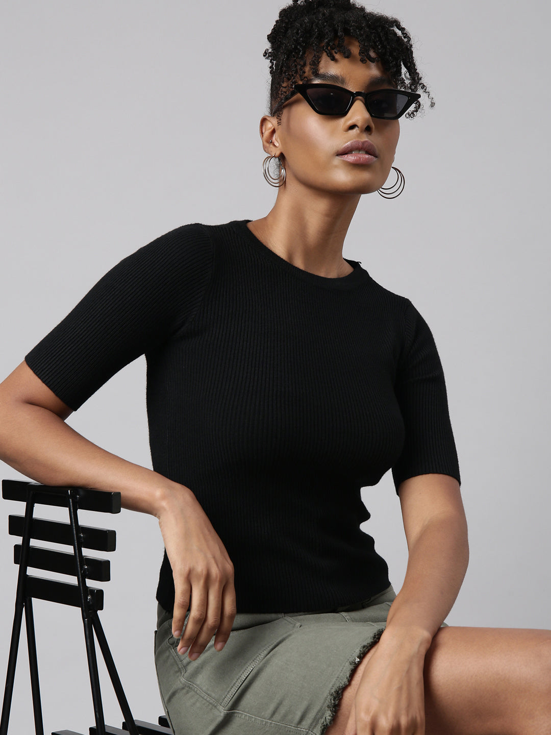 Women Black Solid Fitted Top